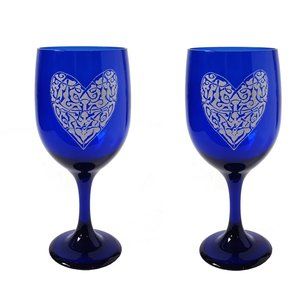 Set of 2 Celtic Heart Cobalt Blue Wine Glasses